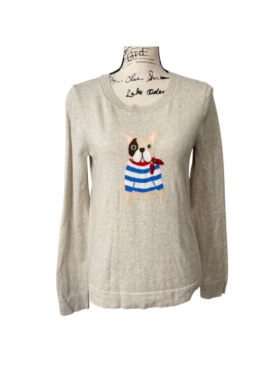 J. Crew Sweaters - J. Crew Womens Size M Teddie French Bulldog Sweater Beige Pullover Cotton